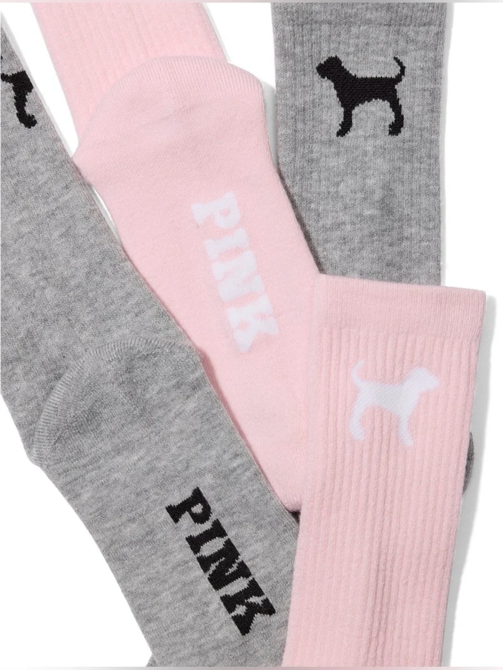 PINK Victoria's Secret Pink & Gray Dog Logo 2-Pack Crew Socks - New